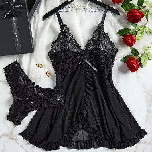 Transparent Red Sexy Lingerie Women's Underwear See Through Sleepwear Lace Nightdress And Panty Pijamas Sets Female Sexy Nighty Stone's Store