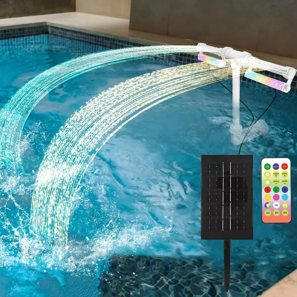 Solar Pool Fountain with 12-Color 4-Mode RGBIC LED Lights Above/Inground Solar Lights with Remote 360°Adjustable Dual Spray