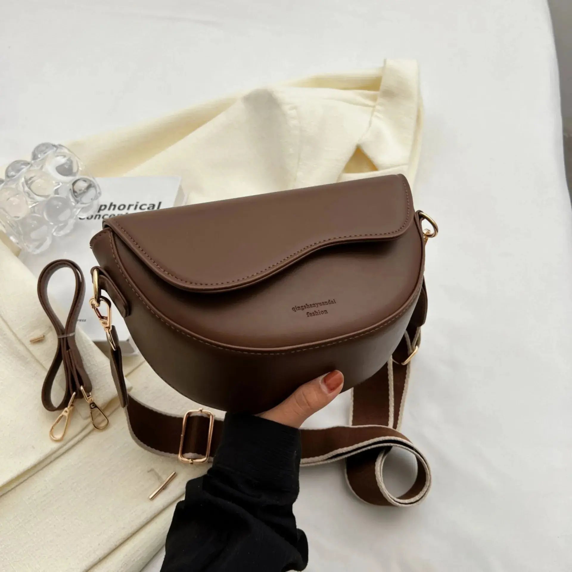 Women Vintage Solid Color Flap Small Saddle Shoulder Underarm Bag Fashion PU Leather Wide Strap Crossbody Bag Yogodlns Official Store