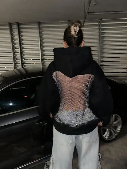 Backstage Crystal-Mesh Hoodie: Sparkling Breathable Comfort ✨