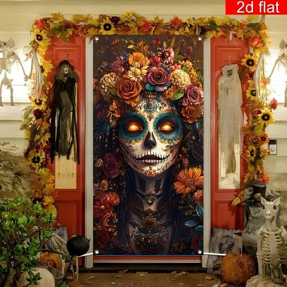 1PC Large Sugar Skull Front Door Decorative Curtain Day of the Dead Polyester Material Bright Durable for Home Decor