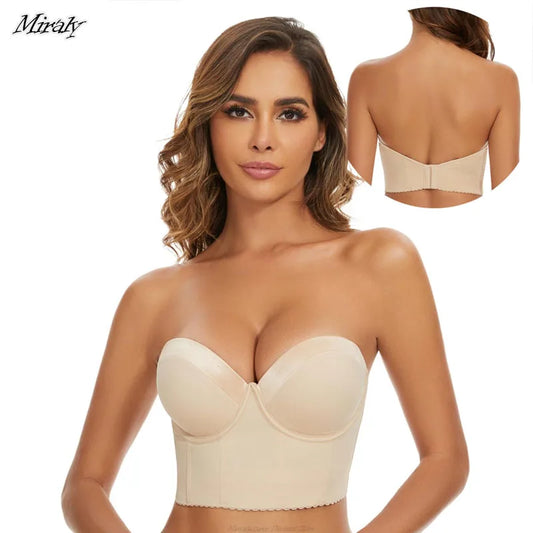 Full Support Non-Slip Convertible Bandeau Bra Women Low Back Anti-Slip Strapless Bra Longline Multi-Way Push Up Bra Underwear