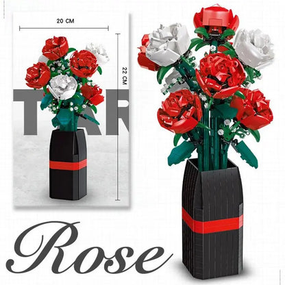 Creative Red Rose Vase Plants Model Building Blocks Moc Romantic