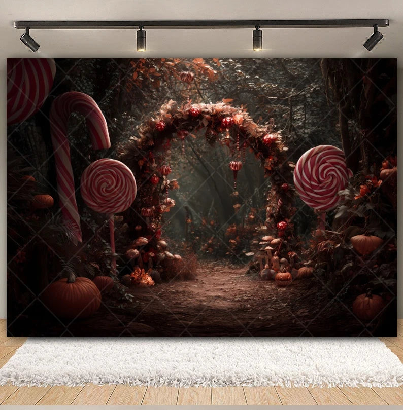 Halloween Lollipop Photography Backdrop Fantasy Forest Arch Pumpkin Lantern Festival Party Baby Portrait Photo Background Decor
