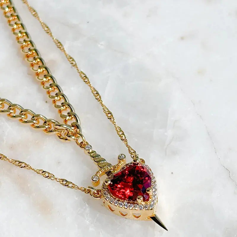 New Heart and Sword Necklace Set Gold Color Stainless Steel Crystal