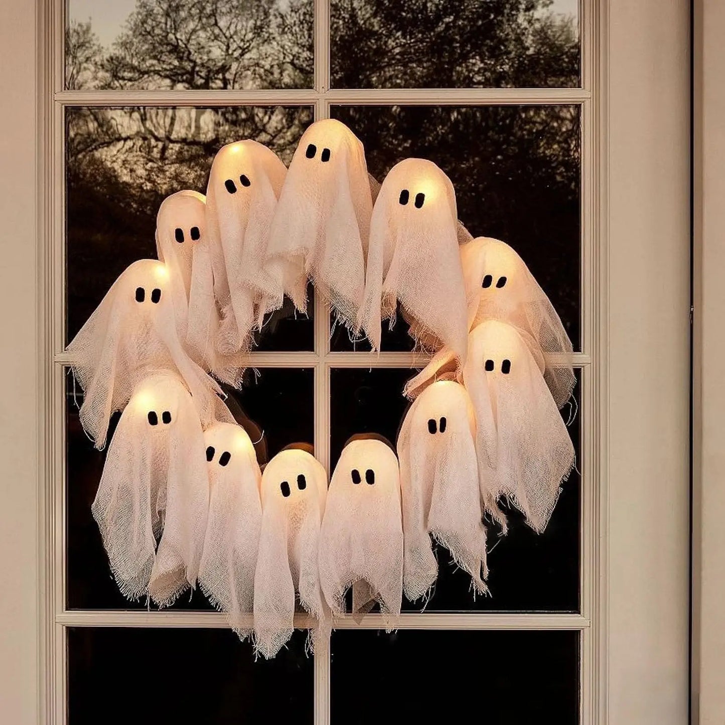 Halloween Ghost Wreath DIY Ghost Wreath Front Door Hanging Decor for Outdoor Wall Window Porch Patio Garden Home Party Decor