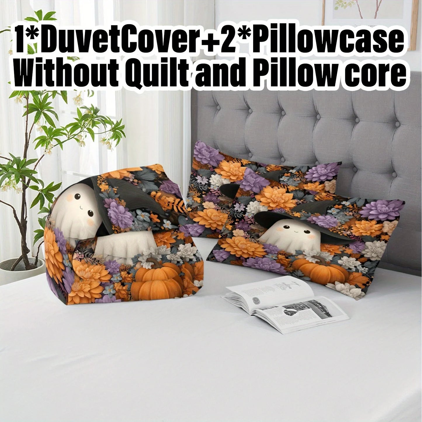 3pcs Halloween Pumpkin Monster Duvet Cover Set without Core 1Quilt Cover 2 Pillowcases Soft Floral Duvet Cover Set for Bedroom