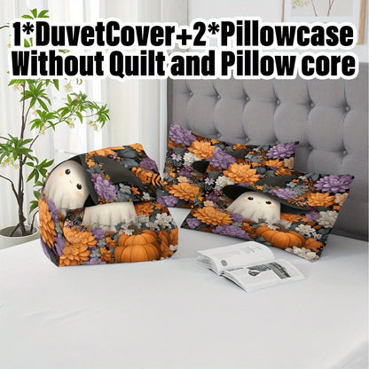 3pcs Halloween Pumpkin Monster Duvet Cover Set without Core 1Quilt Cover 2 Pillowcases Soft Floral Duvet Cover Set for Bedroom