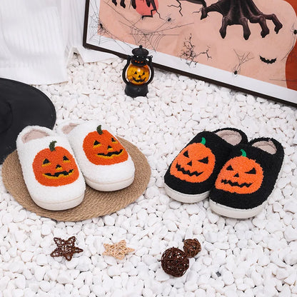 Cozy Halloween Pumpkin Slippers Women Soft Plush Non Slip Indoor Cotton Slides Woman Keep Warm Comfortable Winter House Slippers