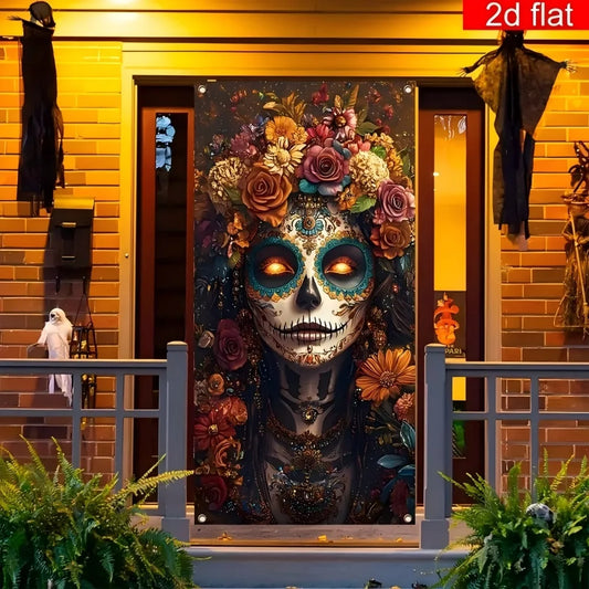 1PC Large Sugar Skull Front Door Decorative Curtain Day of the Dead Polyester Material Bright Durable for Home Decor