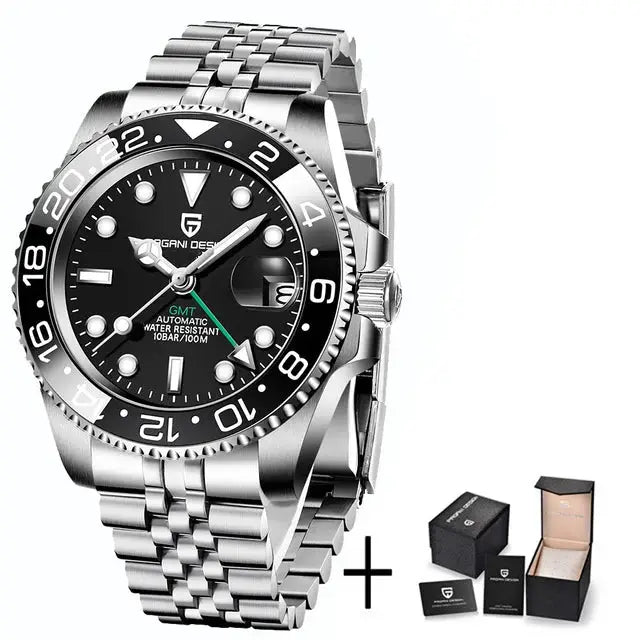 ELEGANCE® P1662 Men Watch Automatic Mechanical GMT Wristwatch Sapphire Glass Stainless Steel 100M Waterproof PAGANI DESIGN Men Watch Store