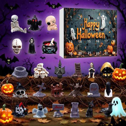 24Pcs Ghost Pumpkin Figurines Halloween Advent Calendar Box Resin Spooky Black Car Bat Ornaments Countdown Calendar Surprise Box