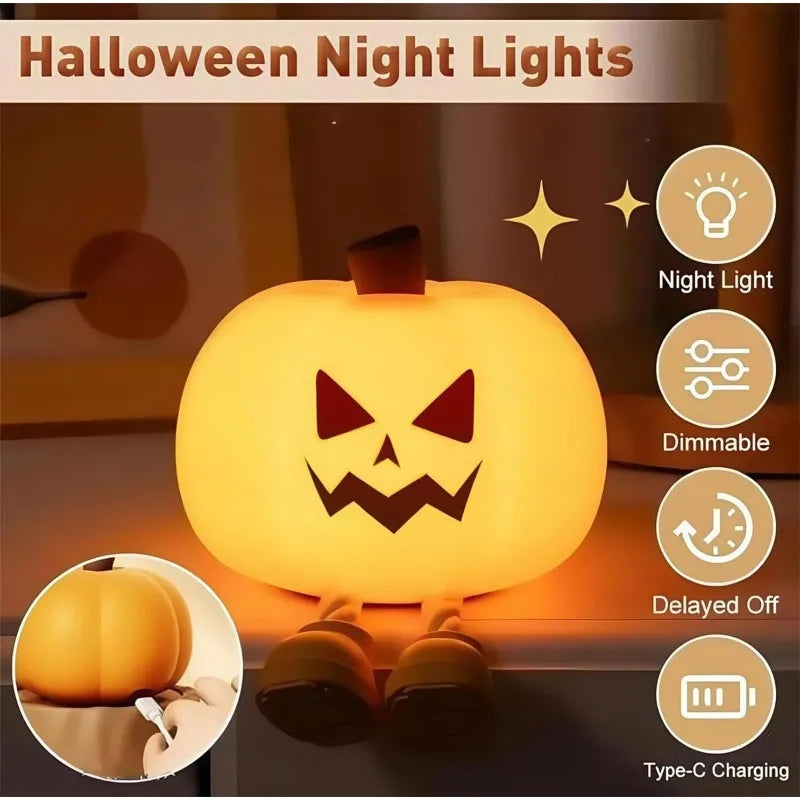 Halloween Pumpkin Night Lights Cute Soft Silicone Safe Lamp Decorations Timing Dimmable Bedside Decor Kids Baby Halloween Gifts