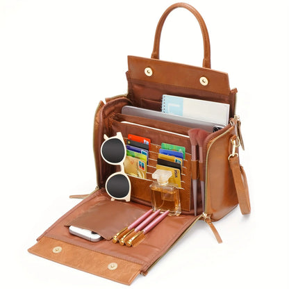 Vintage Large Capacity Designer Women's Bag Hard Leather Handbag Retro Brown Tote Bag With Card Slot