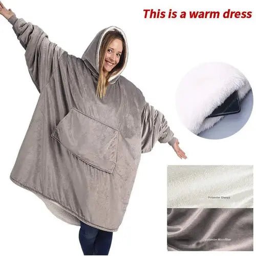 HMSU Winter Outdoor Hooded Pocket Blankets Warm Soft Hoodie Slant Robe