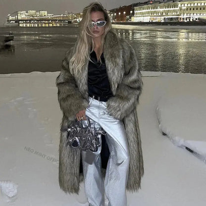 Neo Mint Luxury Mob Wife Aesthetic Long Faux Fur Coat Women Winter