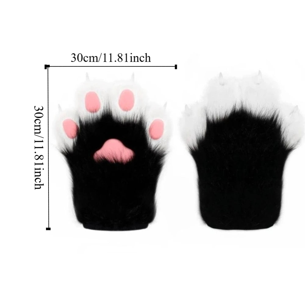 Guantes Kawaii de dibujos animados para disfraz, peludos, de piel, Kigurumi, de felpa, con patas de gato, guantes gruesos y cálidos con garras de gato, regalos