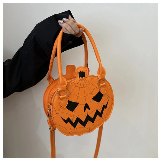 Trendy Cartoon Pumpkin Crossbody Bag Large Capacity Casual Halloween Fashionable Single Shoulder Bag with Zipper Polyester Fiber
