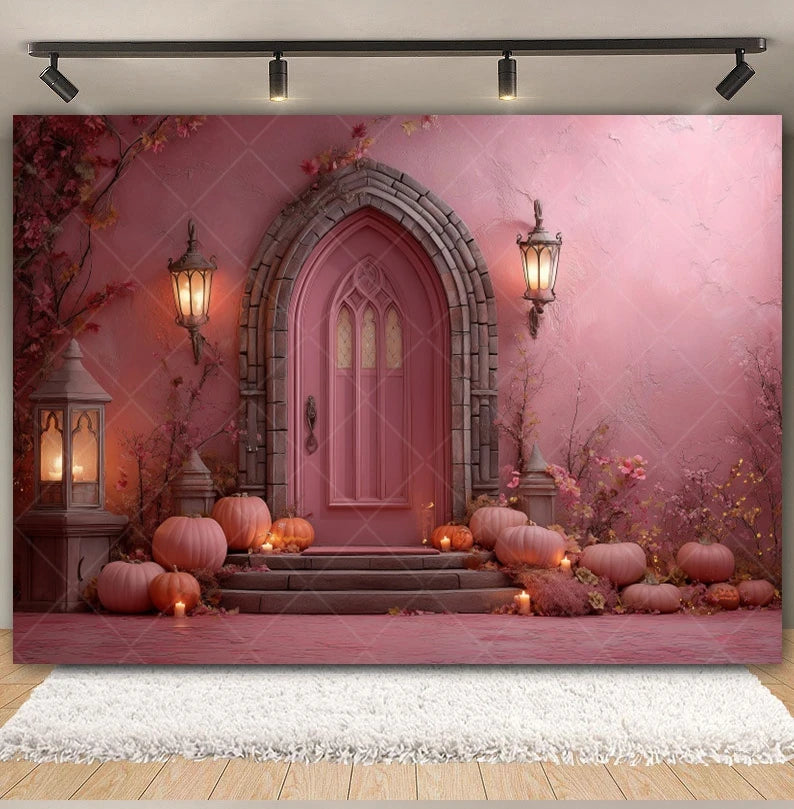 Halloween Retro Arch Family Portrait Photography Backdrop Pink Wall Pumpkin Bat Girls Kids Birthday Party Photo Background Decor