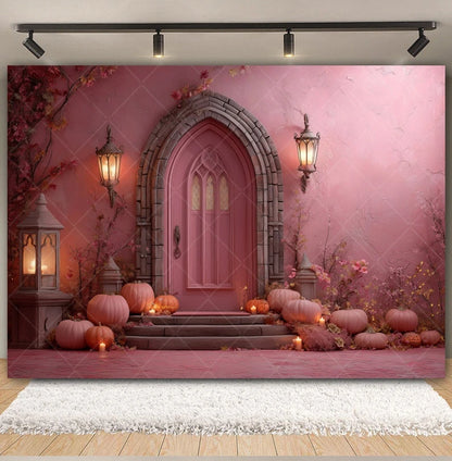 Halloween Retro Arch Family Portrait Photography Backdrop Pink Wall Pumpkin Bat Girls Kids Birthday Party Photo Background Decor