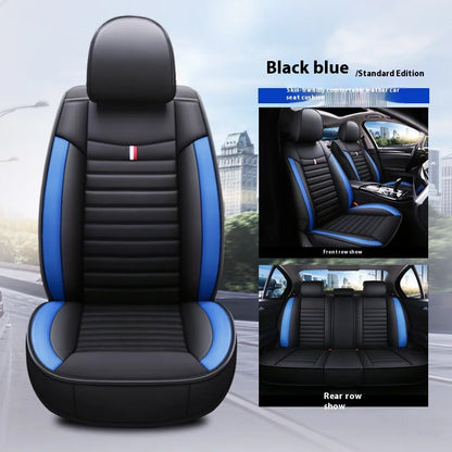 5-Seater Full Set Sporty Style Black Blue Leather Car Seat Cover Waterproof Interior Accessory
