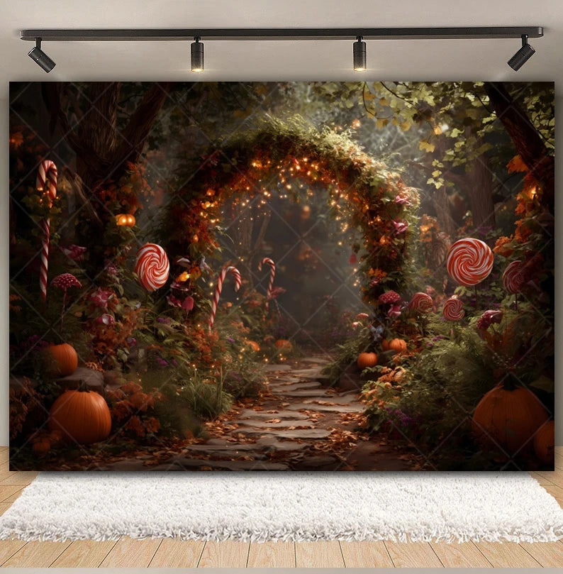 Halloween Lollipop Photography Backdrop Fantasy Forest Arch Pumpkin Lantern Festival Party Baby Portrait Photo Background Decor