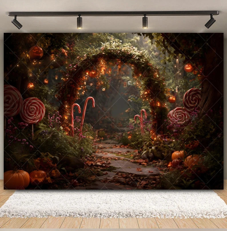 Halloween Lollipop Photography Backdrop Fantasy Forest Arch Pumpkin Lantern Festival Party Baby Portrait Photo Background Decor