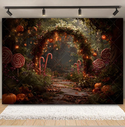 Halloween Lollipop Photography Backdrop Fantasy Forest Arch Pumpkin Lantern Festival Party Baby Portrait Photo Background Decor