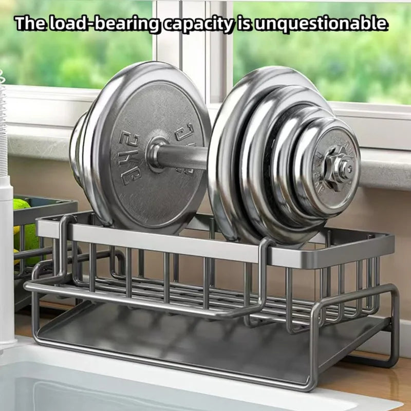 Stainless Steel Faucet Caddy - 2-Tier Sponge Holder for Kitchen Sink, Dish Soap & Scrubber Organizer, Drying Rack with Drain Tra