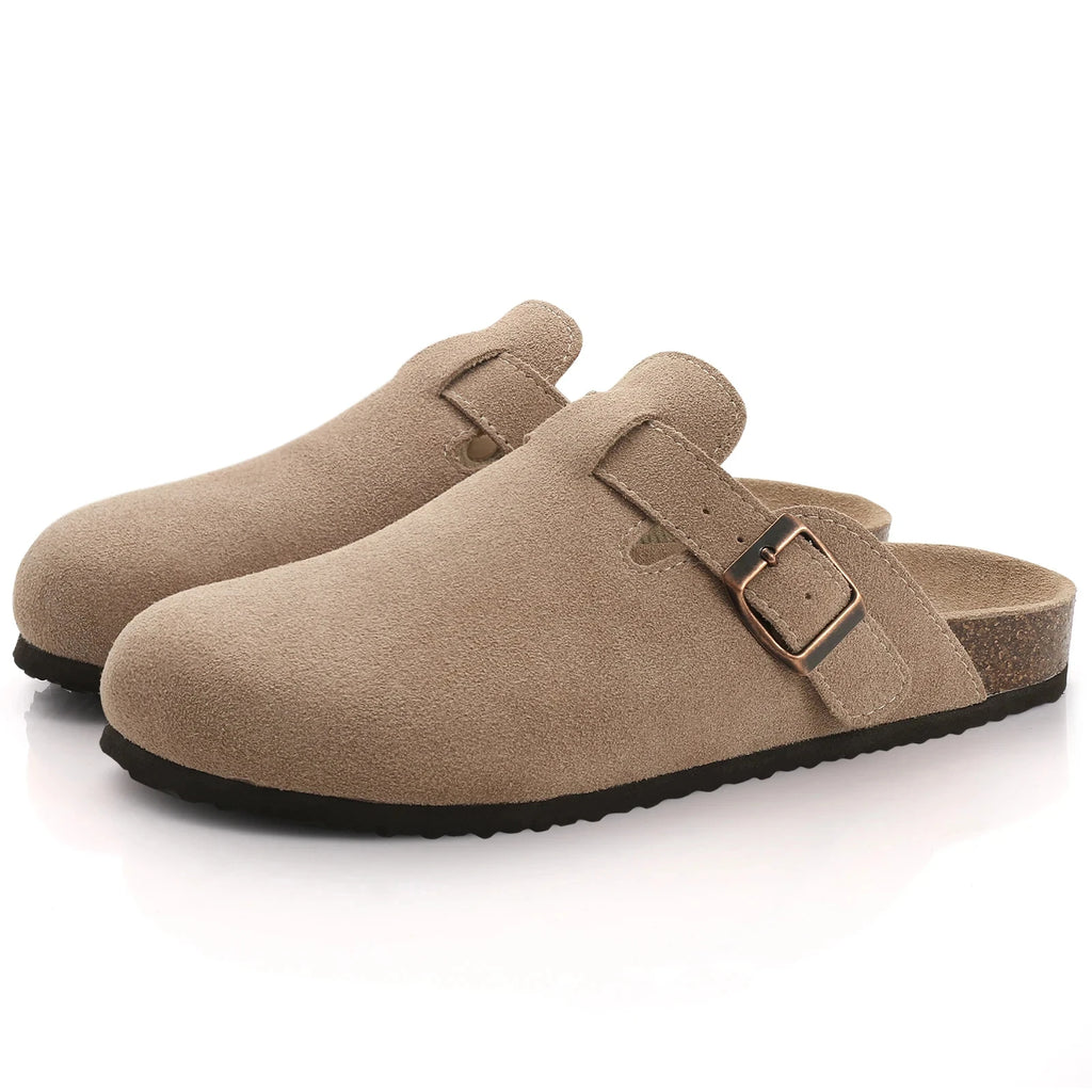 Pantuflas Zuecos de Gamuza y Piel para Mujer Shevalues, Plantilla Clásica de Corcho, Mules Peludas, Pantuflas de Invierno de Felpa, Pantuflas Planas de Corcho Cálidas para Exteriores