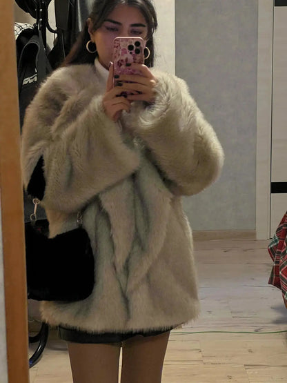 Neo Mint Luxury Brand Women Faux Fur Coat Animal Gradient Color 2024