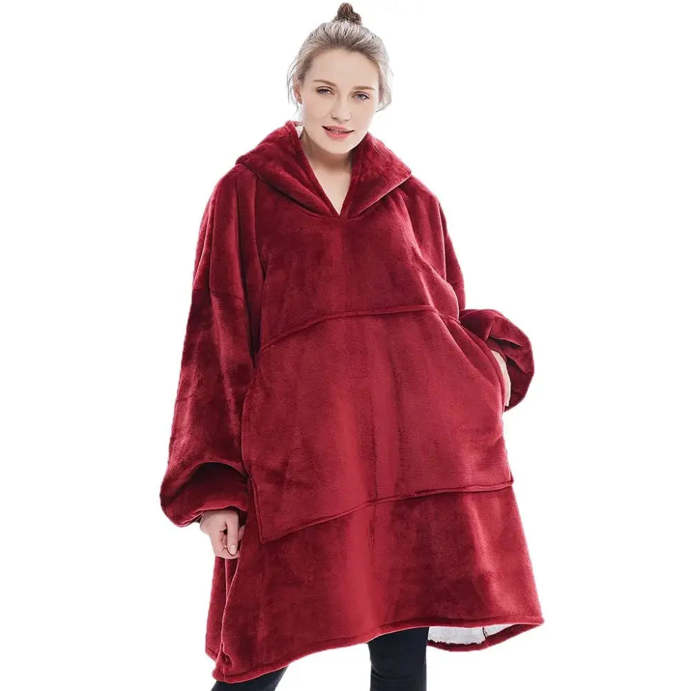 HMSU Winter Outdoor Hooded Pocket Blankets Warm Soft Hoodie Slant Robe