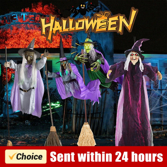 6 Foot Flying Witch Decoration, Halloween Props with Terrifying Sounds and Lights, Garden Lawn, Halloween Decoration Outdoor