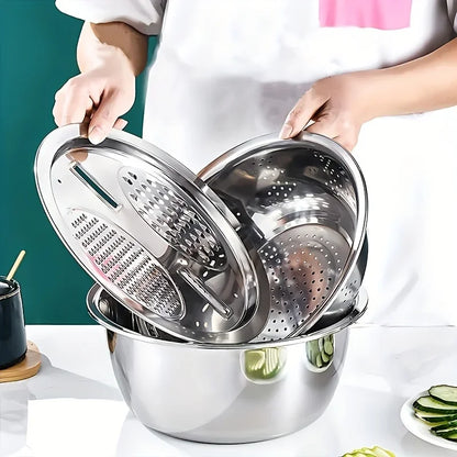 3 In 1 Stainless Steel Vegetable Slicer Cutter Multifunctional Strainer for Washing and Slicing Fruits, Vegetable Kitchen Gadget
