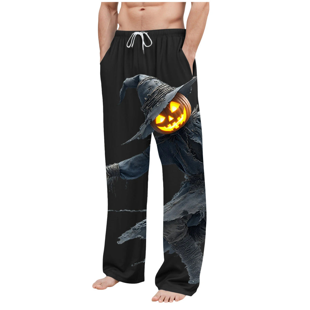 Pantalones de pijama de calabaza brillante de Halloween para hombre, con estampado de Bogy, con bolsillo, para casa, pantuflas grandes