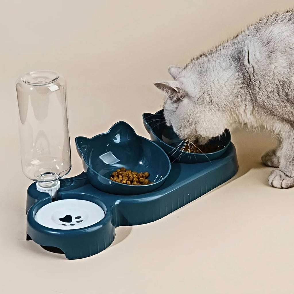 Pet Bowls With Water Feeder, 3 In 1 Ear Design Tilted Cat Water And Food Bowl Set With Gravity Water Bottle For Neck Protection Archie Pets Store