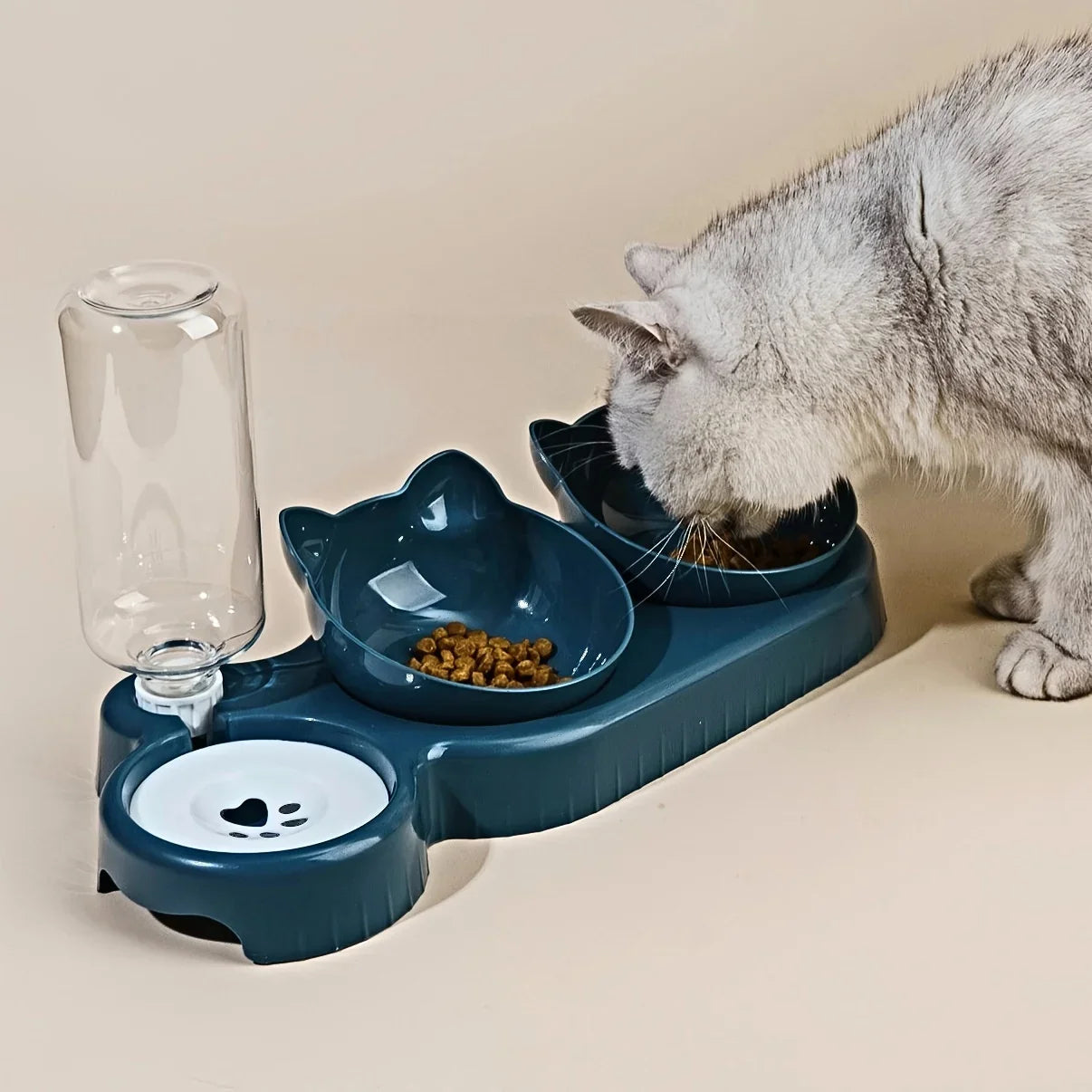 Pet Bowls With Water Feeder, 3 In 1 Ear Design Tilted Cat Water And Food Bowl Set With Gravity Water Bottle For Neck Protection Archie Pets Store