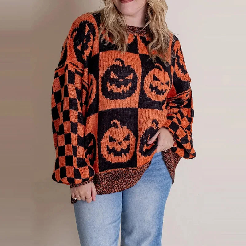Halloween Knitted Sweaters Women 2025 Autumn Gothic Pumpkin Print Streetwear Harajuku Winter Warm Loose Fashion Casual Pullovers
