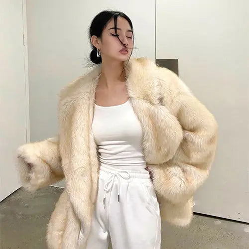 Neo Mint Luxury Brand Women Faux Fur Coat Animal Gradient Color 2024