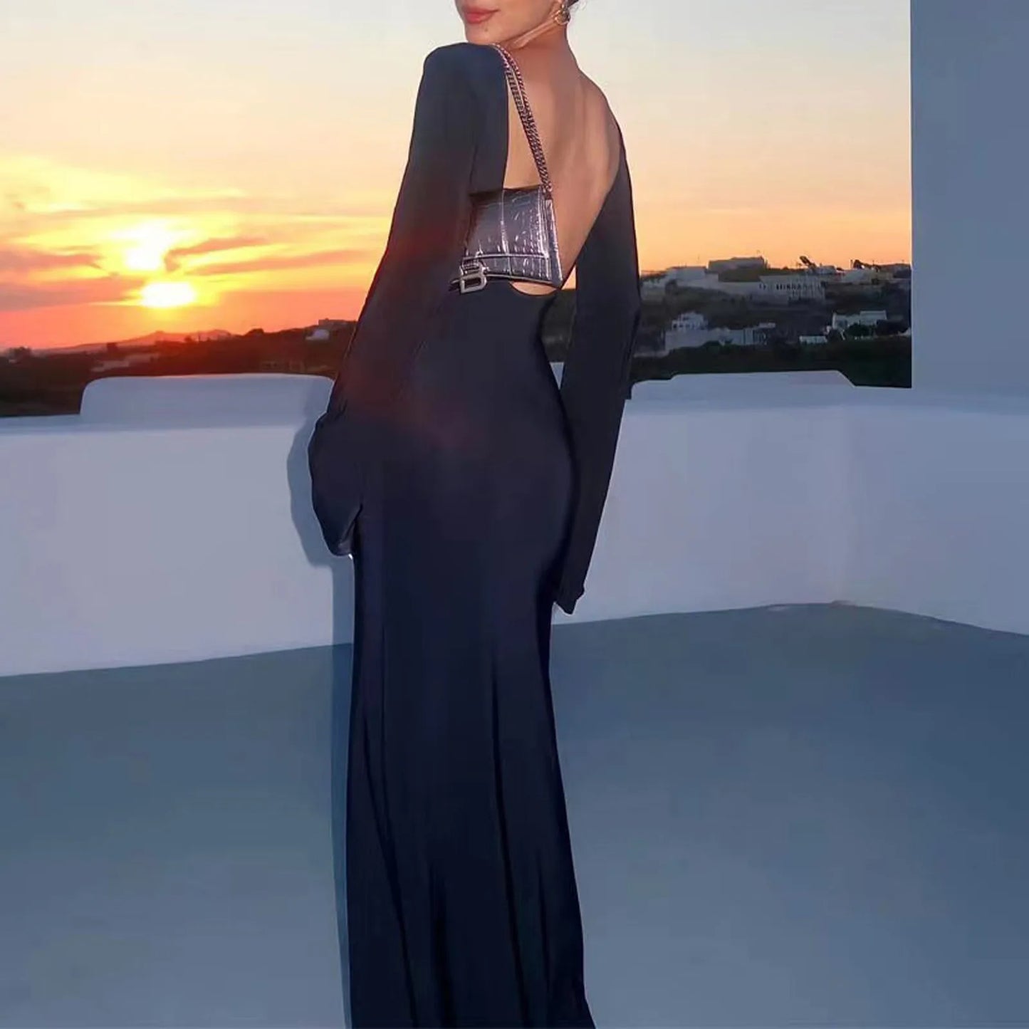 Sexy Women Long Knit Sleeve Bikin Backless Solid Dresses Fashion Cover Up Female See-Through Hollow-Out Beach Knitwear Dress