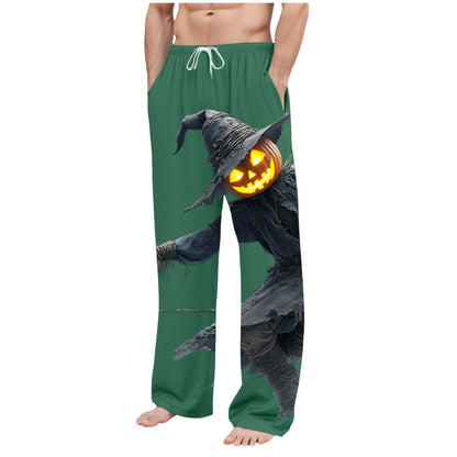 Men'S Halloween Glowing Pumpkin Bogy Printed Pocket Home Clothes Pajama Pants Bottoms Big Slipper