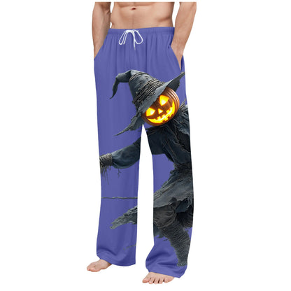 Men'S Halloween Glowing Pumpkin Bogy Printed Pocket Home Clothes Pajama Pants Bottoms Big Slipper