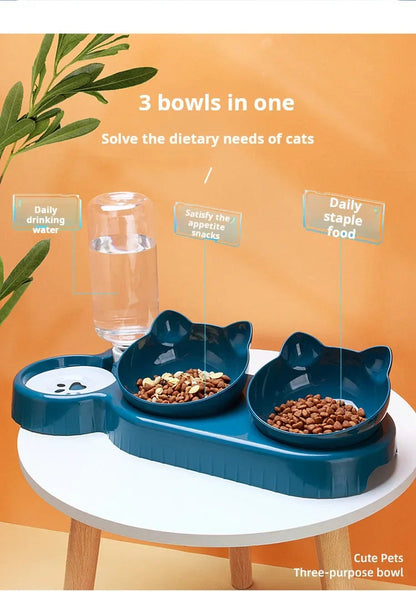 Pet Bowls With Water Feeder, 3 In 1 Ear Design Tilted Cat Water And Food Bowl Set With Gravity Water Bottle For Neck Protection Archie Pets Store