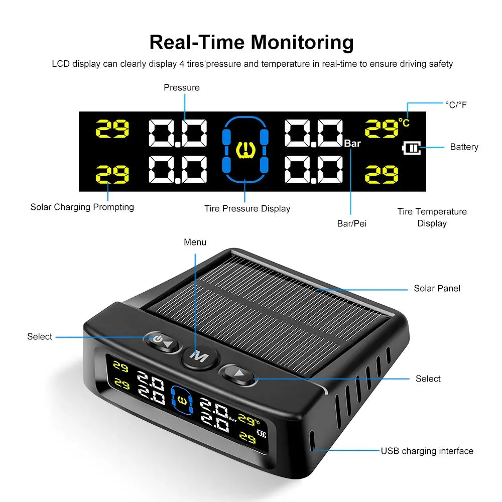 Solar Power TPMS Car Tire Pressure Alarm Monitor Intelligent Auto AliExpress