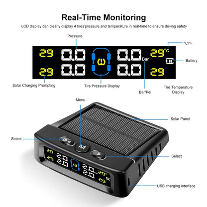 Solar Power TPMS Car Tire Pressure Alarm Monitor Intelligent Auto AliExpress