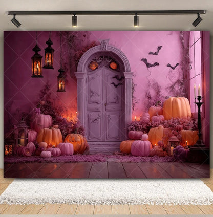 Halloween Retro Arch Family Portrait Photography Backdrop Pink Wall Pumpkin Bat Girls Kids Birthday Party Photo Background Decor