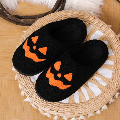 Cozy Halloween Pumpkin Slippers Women Soft Plush Non Slip Indoor Cotton Slides Woman Keep Warm Comfortable Winter House Slippers