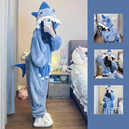 New Shark Shaped Plush Hooded Pajamas For Women And Men Y2k Pink Cute
