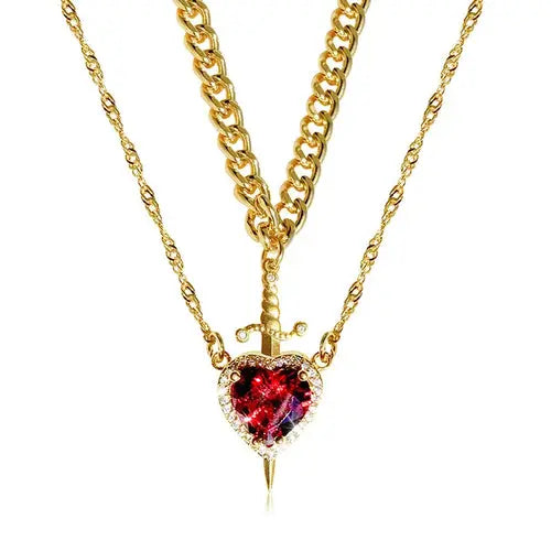 New Heart and Sword Necklace Set Gold Color Stainless Steel Crystal