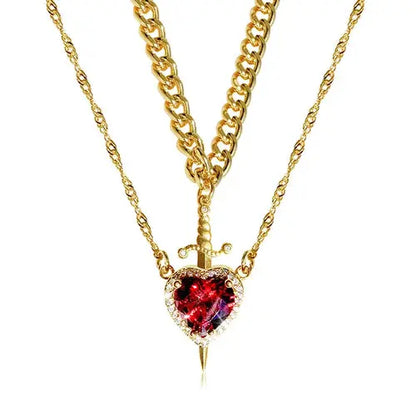 New Heart and Sword Necklace Set Gold Color Stainless Steel Crystal